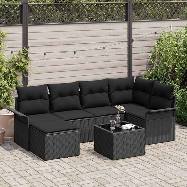 vidaXL Set Divano da Giardino con cuscino 7 pcs Nero polyrattan