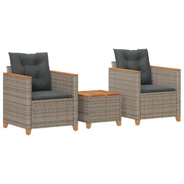 vidaXL Set da Bistrò 3 pz con Cuscini Grigio Polyrattan e Legno Acacia