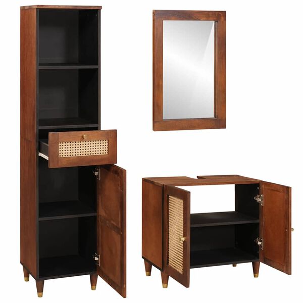 vidaXL Mobile da Bagno 3 pcs Marrone e Nero Legno di mango massello