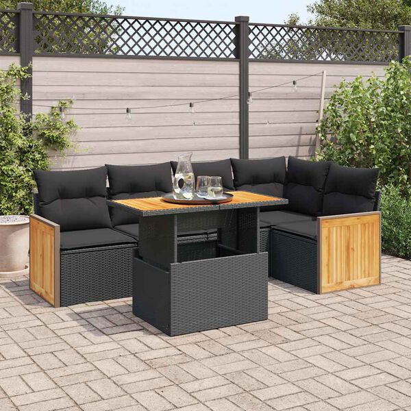 vidaXL Set Divano da Giardino 6 pz con Cuscini Nero Polyrattan Acacia