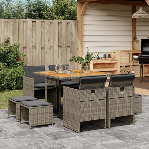 vidaXL Set da Pranzo da Giardino 9 pz con Cuscini in Polyrattan Grigio