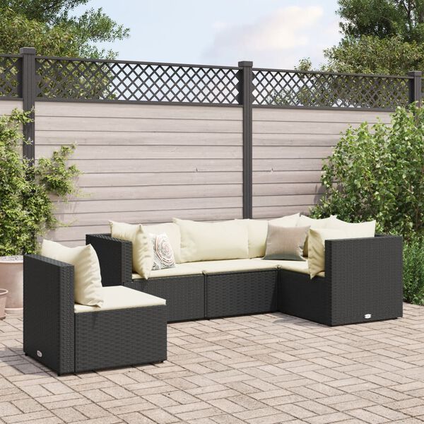 vidaXL Set Divani da Giardino 5 pz con Cuscini Nero in Polyrattan