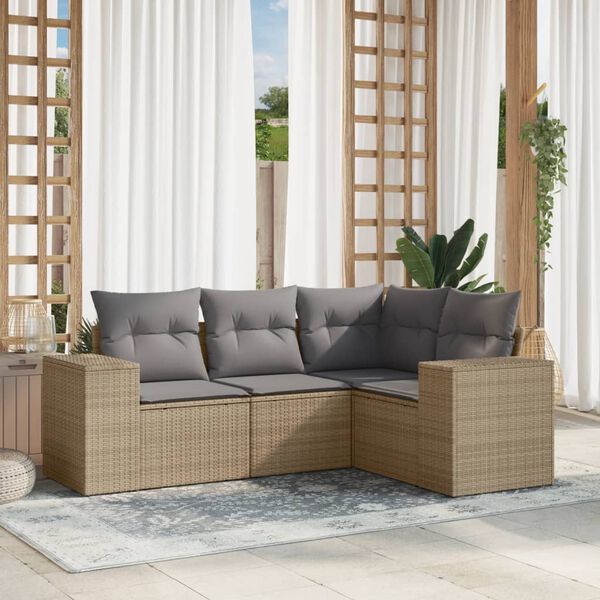 vidaXL Set Divano da Giardino 4 pz con Cuscini Beige in Polyrattan