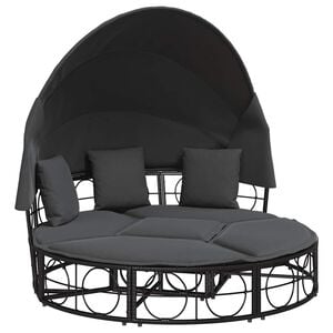 vidaXL Lettino Prendisole Esterno Tetto e Cuscini Nero in Polyrattan