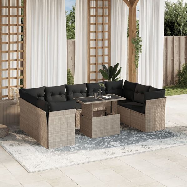 vidaXL Set Divano Giardino 10 pz con Cuscini Grigio Chiaro Polyrattan