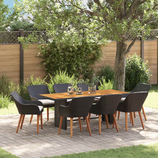 vidaXL Set da Pranzo per Giardino con cuscino 9 pcs Nero polyrattan