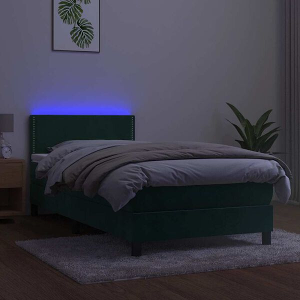 vidaXL Letto a Molle con Materasso e LED Verde Scuro 90x190 cm Velluto