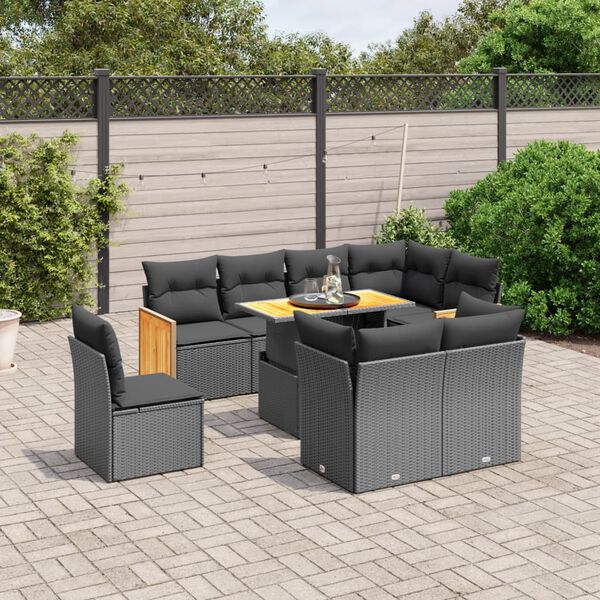 vidaXL Set Divani da Giardino 9 pz con Cuscini Nero in Polyrattan