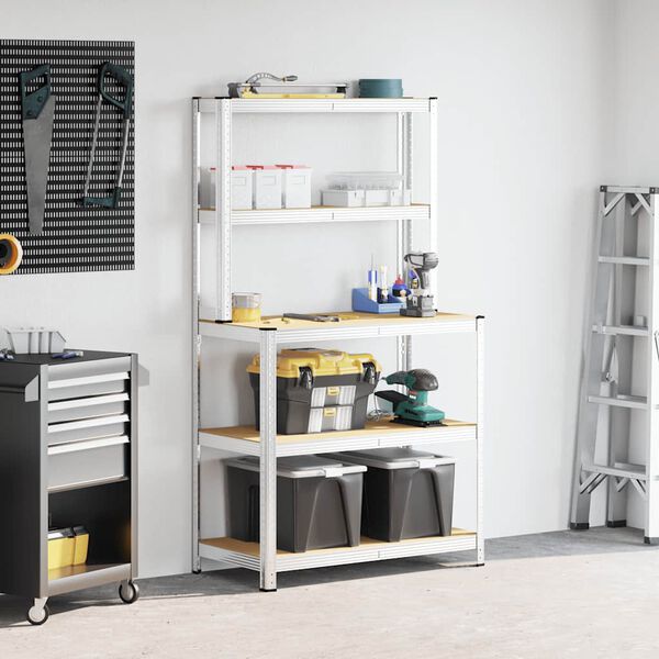 vidaXL Tavolo Lavoro 5 Ripiani Argento in Acciaio e Legno Multistrato