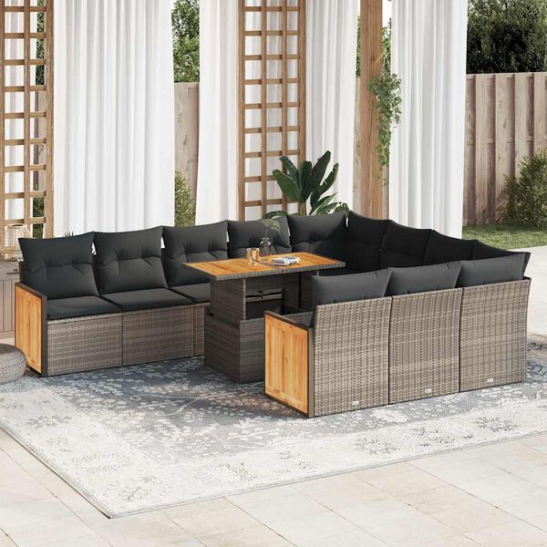 vidaXL Set Divani Giardino 11 pz con Cuscini Polyrattan Acacia Grigio