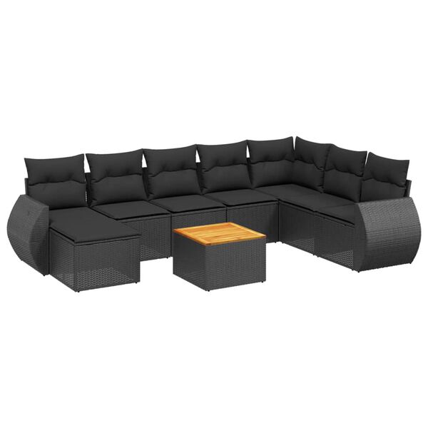 vidaXL Set Divani da Giardino 9 pz con Cuscini Nero in Polyrattan