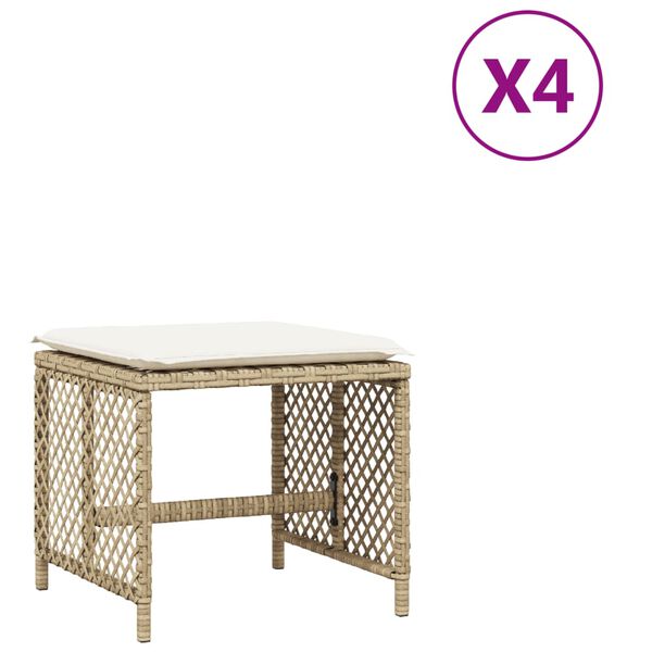 vidaXL Sgabelli Giardino con Cuscini 4pz Beige 41x41x36cm Polyrattan