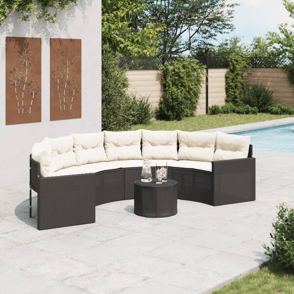 vidaXL Divano Giardino Tavolo e Cuscini Semicircolare Nero Polyrattan