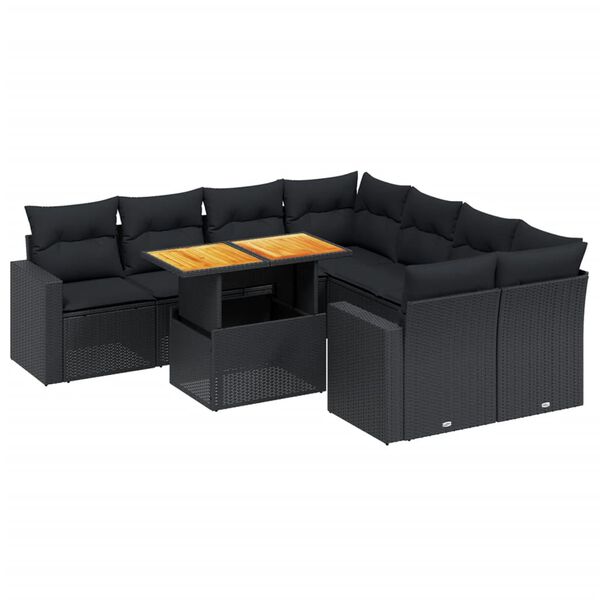 vidaXL Set Divani da Giardino 9 pz con Cuscini Nero in Polyrattan