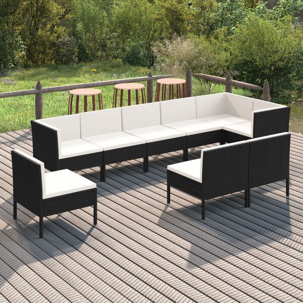 vidaXL Set Divani da Giardino 9 pz con Cuscini in Polyrattan Nero