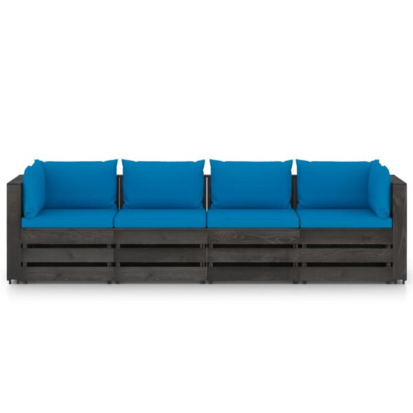 vidaXL Divano da Giardino 4 Posti con Cuscini Legno Impregnato Grigio