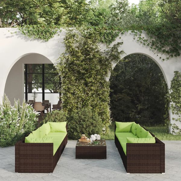 vidaXL Set Divani da Giardino 9 pz con Cuscini in Polyrattan Marrone