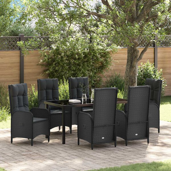 vidaXL Set da Pranzo per Giardino con cuscino 7 pcs Nero polyrattan