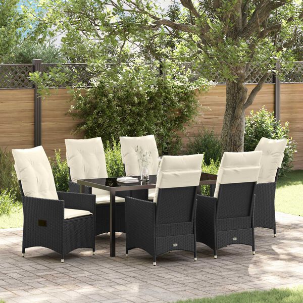 vidaXL Set da Pranzo per Giardino con cuscino 7 pcs Nero polyrattan