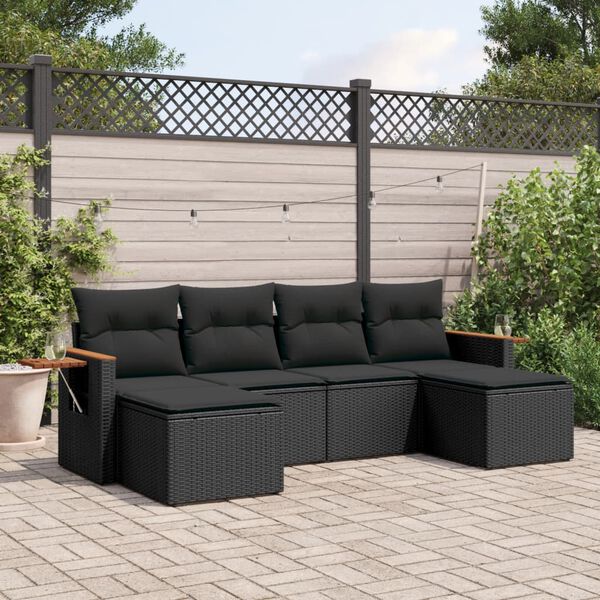 vidaXL Set Divano da Giardino 6 pz con Cuscini Nero in Polyrattan