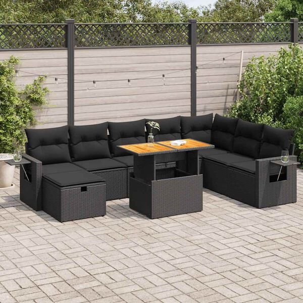 vidaXL Set Divani da Giardino 9 pz con Cuscini Nero Polyrattan Acacia