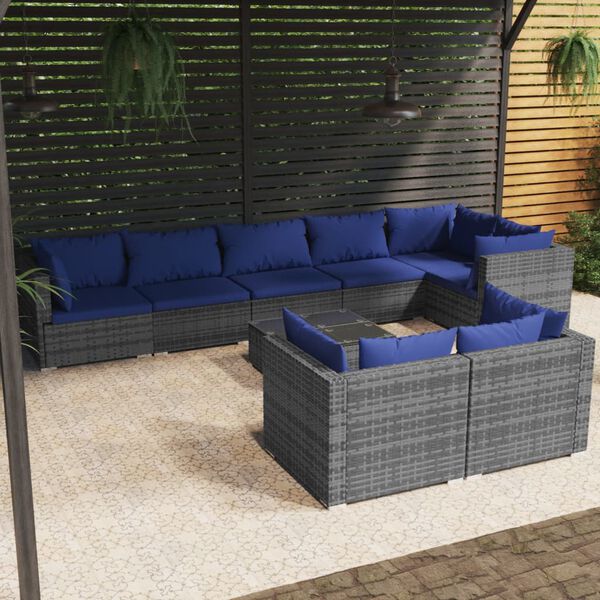 vidaXL Set Divani da Giardino 9 pz con Cuscini in Polyrattan Grigio