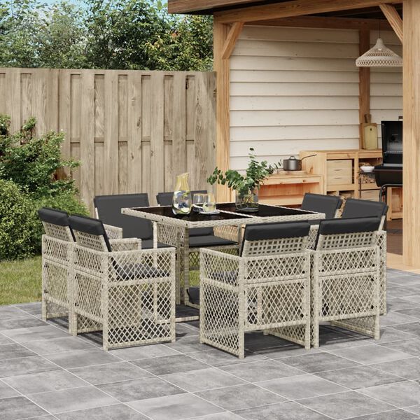 vidaXL Set Pranzo da Giardino 9pz con Cuscini Grigio Chiaro Polyrattan