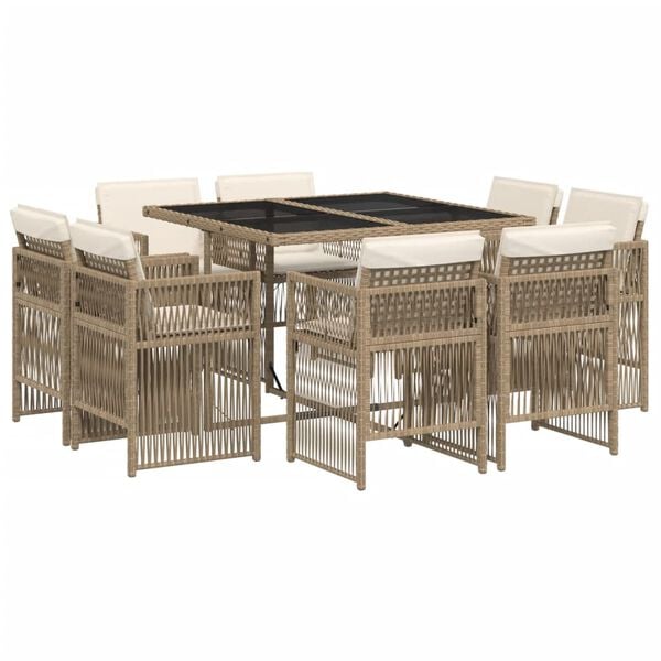 vidaXL Set da Pranzo da Giardino 9 pz con Cuscini Beige in Polyrattan
