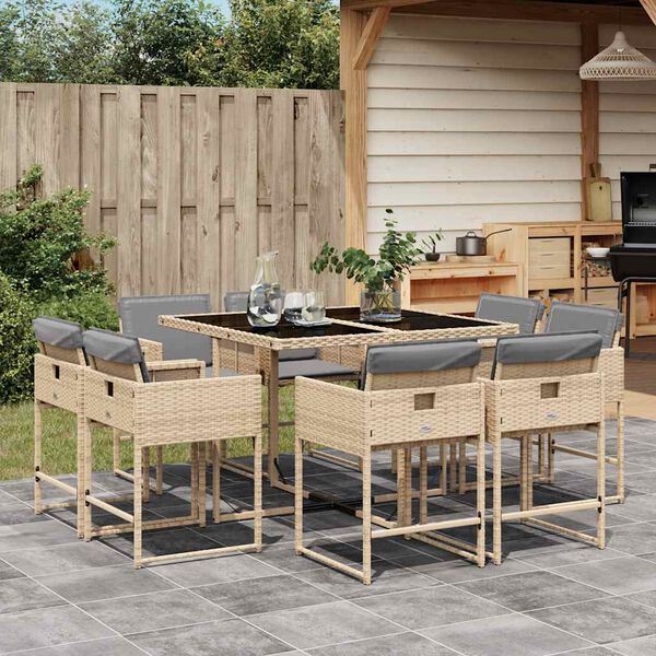 vidaXL Set Pranzo da Giardino 9 pz con Cuscini Beige Misto Polyrattan