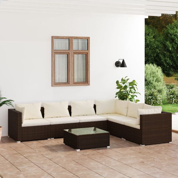 vidaXL Set Divani da Giardino 7 pz con Cuscini in Polyrattan Marrone