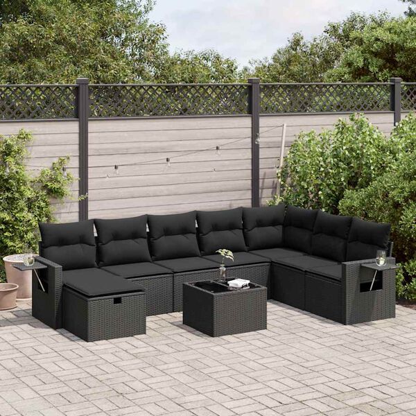 vidaXL Set Divani da Giardino 9 pz con Cuscini Nero in Polyrattan