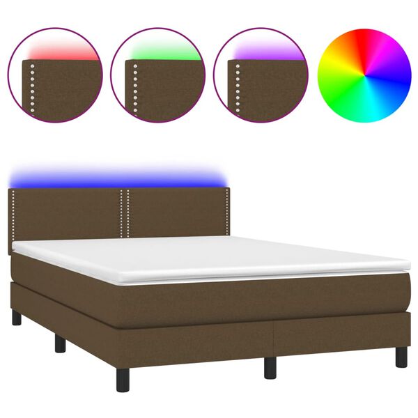 vidaXL Letto a Molle Materasso e LED MarroneScuro 140x190cm in Tessuto