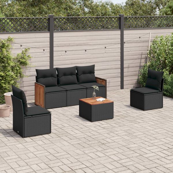 vidaXL Set Divano da Giardino 6 pz con Cuscini Nero in Polyrattan