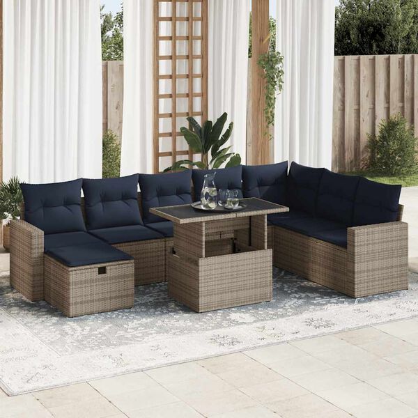 vidaXL Set Divani Giardino 9 pz con Cuscini Grigio Polyrattan