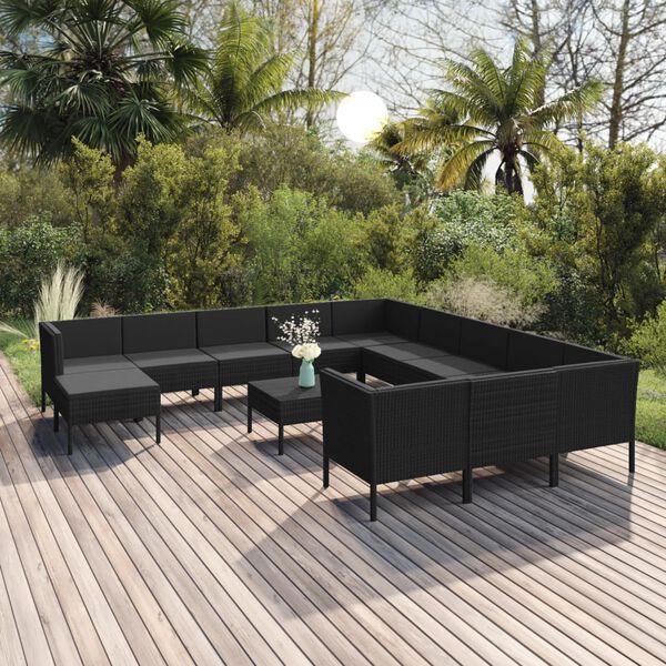 vidaXL Set Divani da Giardino 13 pz con Cuscini in Polyrattan Nero