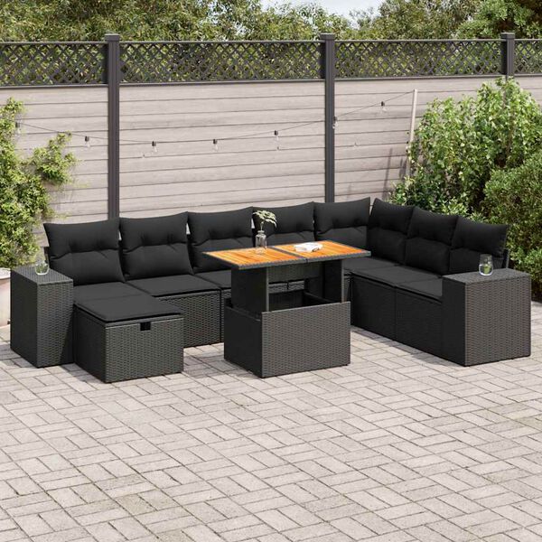 vidaXL Set Divani da Giardino 9 pz con Cuscini Nero Polyrattan Acacia