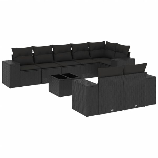 vidaXL Set Divani da Giardino 9 pz con Cuscini Nero in Polyrattan