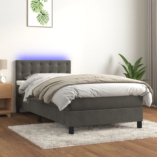vidaXL Letto a Molle con Materasso e LED Grigio Scuro 90x190cm Velluto