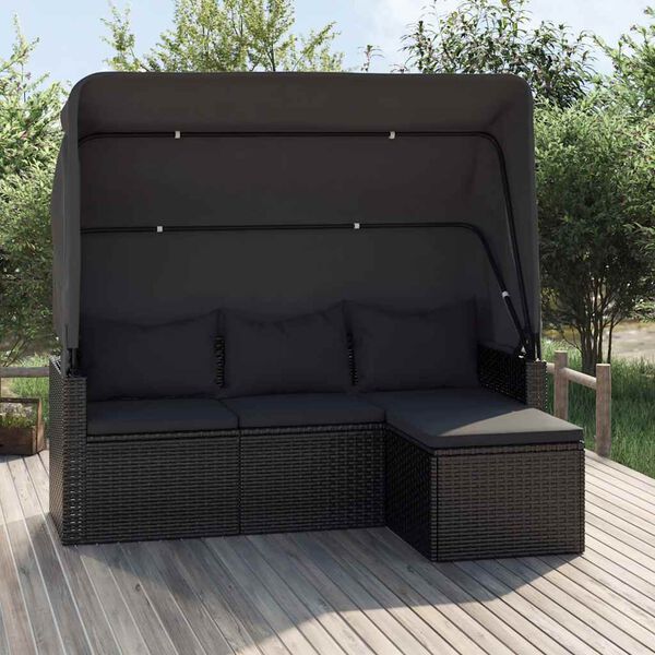 vidaXL Divano Giardino 3 Posti con Tetto e Poggiapiedi Nero Polyrattan