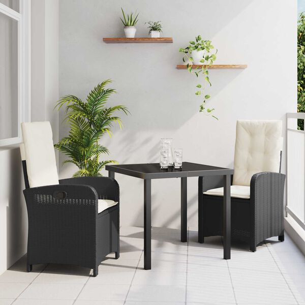 vidaXL Set da Pranzo per Giardino con cuscino 3 pcs Nero polyrattan