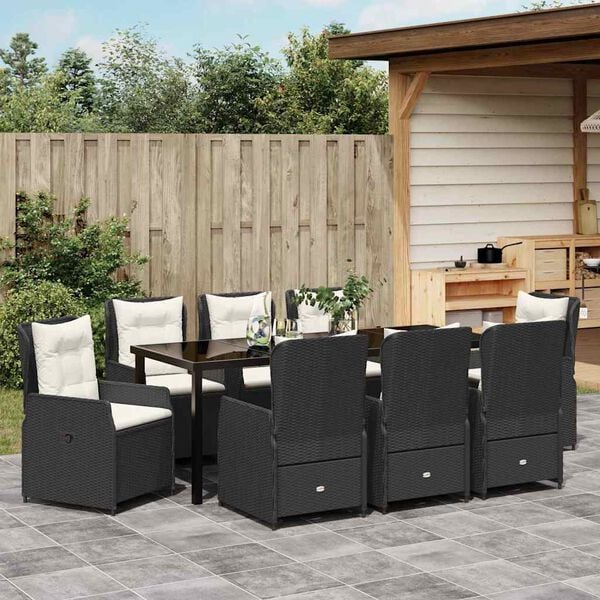 vidaXL Set da Pranzo per Giardino 9 pcs Nero polyrattan