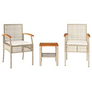 vidaXL Set da Bistr&ograve; 3 pz con Cuscini Beige Polyrattan e Legno Acacia