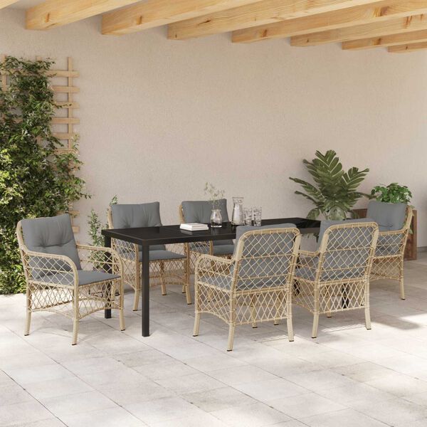 vidaXL Set da Pranzo per Giardino con cuscino 7 pcs Beige polyrattan
