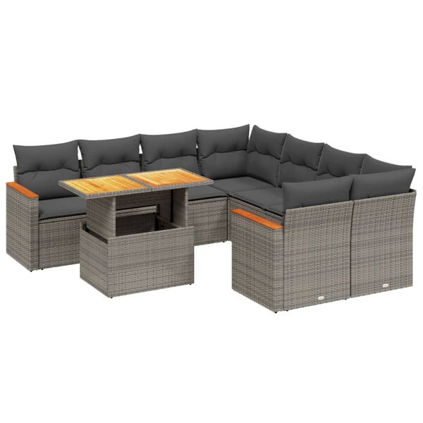 vidaXL Set Divano da Giardino 9 pz con Cuscini Grigio in Polyrattan