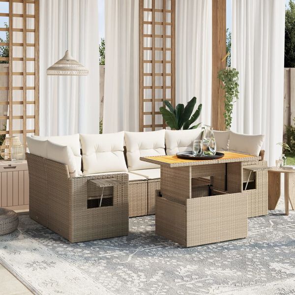 vidaXL Set Divani da Giardino 7 pz con Cuscini Beige in Polyrattan