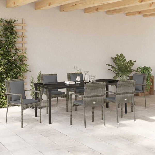vidaXL Set da Pranzo per Giardino con cuscino 7 pcs Grigio polyrattan