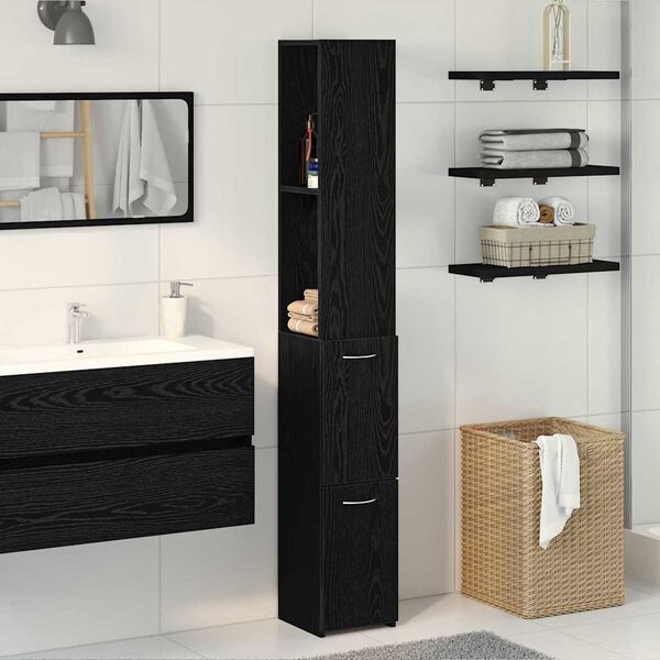 vidaXL Mobile da Bagno Rovere Nero 25 x 25 x 170 cm Legno multistrato