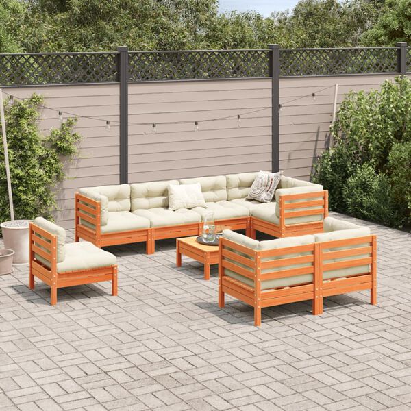 vidaXL Set Divani Giardino 9 pz con Cuscini Marrone Cera Massello Pino