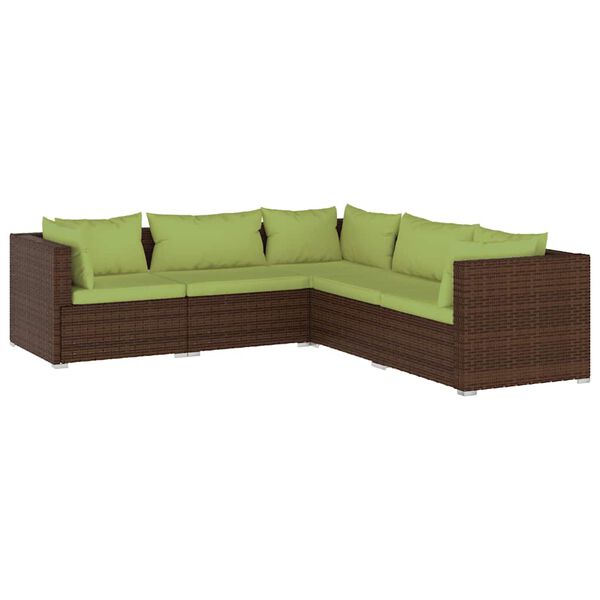vidaXL Set Divani da Giardino 5 pz con Cuscini in Polyrattan Marrone