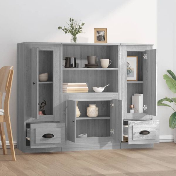 vidaXL Credenze 3 pz Grigio Sonoma in Legno Multistrato
